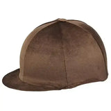 Brown suede velour hat cover for equestrian helmets made from steamed spandex velour shown from the back side