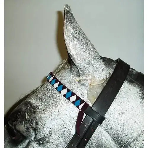 Black and blue diamond-patterned braided horse halter strap for velvet browbands in navy white cob or red cob sizes