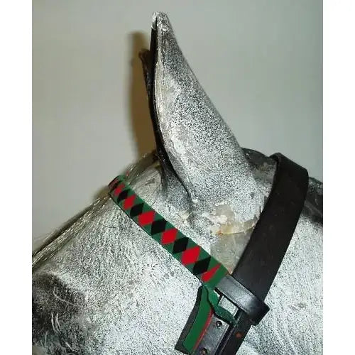 Silver horse head wearing a green and red diamond velvet browband perfect for red cob or navy white cob horses
