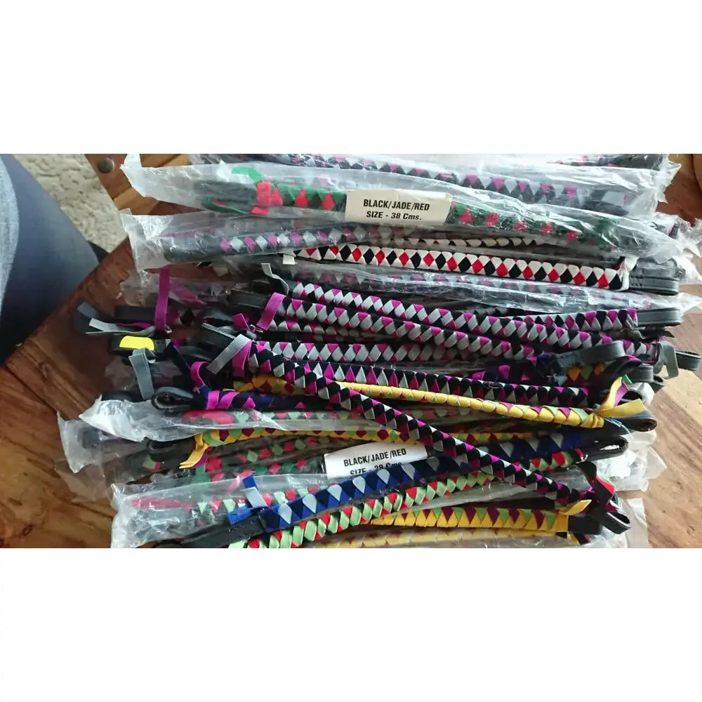 Velvet browbands with colorful braided wristbands in black jade and red featuring a diamond pattern for red cob or navy white cob
