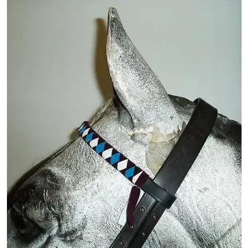Black leather horse bridle with velvet browbands and a colorful navy white cob braided strap with red cob accents