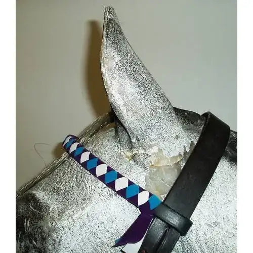 Silver glitter horse head with blue white and purple braided halter strap for velvet browbands navy white cob use