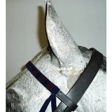 Silver foil horse head sculpture with black leather bridle and blue velvet browbands navy white cob strap