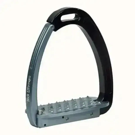 Black and gray venice safety stirrups tech stirrups with textured spiked footplate and revolutionary safety mechanism