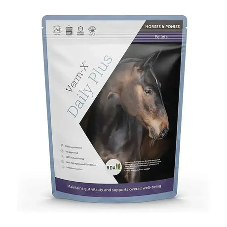 A sleek resealable pouch of verm-x daily plus horse and pony pellets in white purple with a black brown horse image