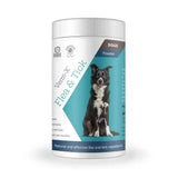 White cylindrical container of verm-x flea tick powder for dogs with teal label naturally repels fleas and ticks