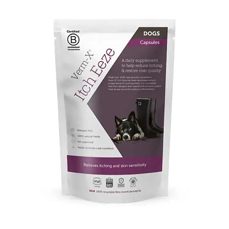 White and purple pouch of verm-x itch-eeze capsules with pure encapsulated blend for removing potential triggers in dogs