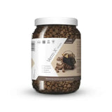 A clear plastic jar with white lid containing brown crunchy verm-x original crunchies for cats to control intestinal hygiene with natural active ingredients