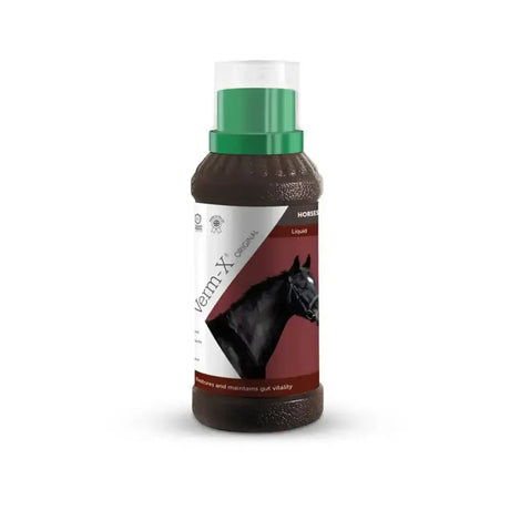 Brown liquid horse dewormer verm-x original liquid in clear plastic bottle with green cap controls intestinal hygiene for horses & ponies