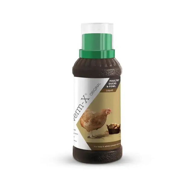 Brown plastic verm-x original liquid bottle for poultry with green cap and label featuring chicken for intestinal hygiene control