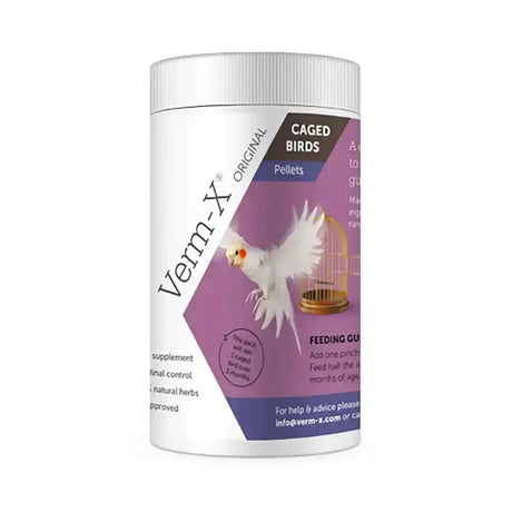 White cylindrical container of verm-x original pellets for caged birds with purple label controls intestinal hygiene
