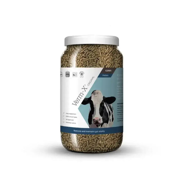 A clear jar of brown verm-x original pellets for cows controls intestinal hygiene as a cattle supplement