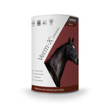 White and maroon cylindrical container of verm-x original pellets for horses and ponies with black horse illustration