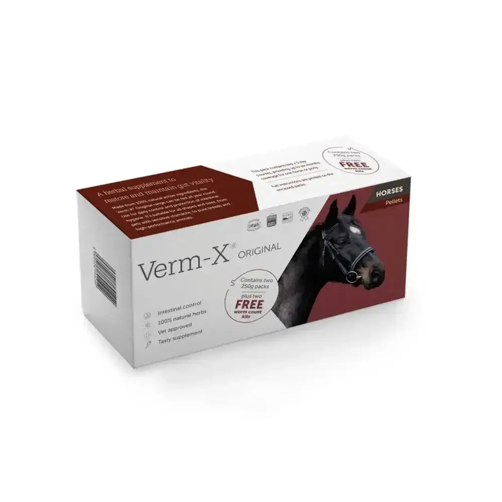 White and maroon verm-x original pellets horses promotion pack box with black horse illustration by westgate laboratories faecal