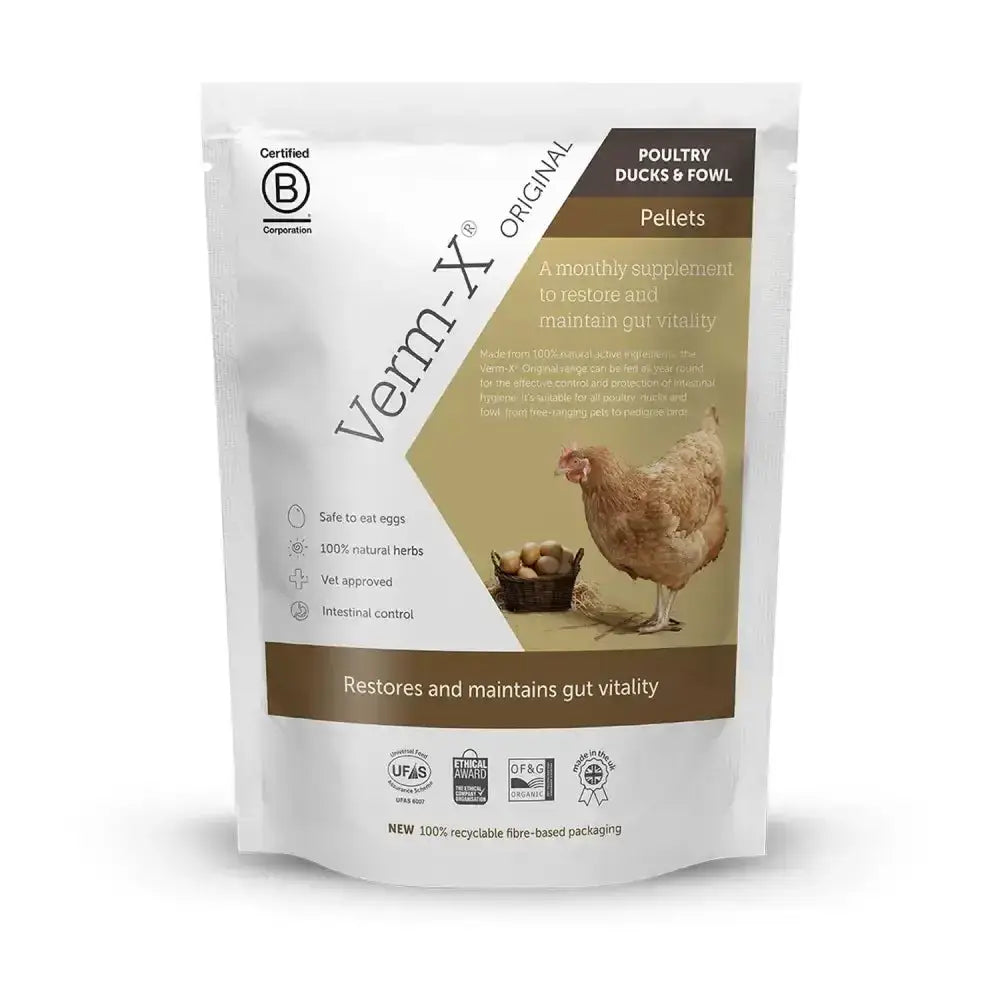 White and brown pouch of verm-x original pellets for poultry with natural active ingredients to control intestinal hygiene