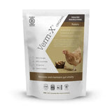 White and brown pouch of verm-x original pellets for poultry with natural active ingredients to control intestinal hygiene