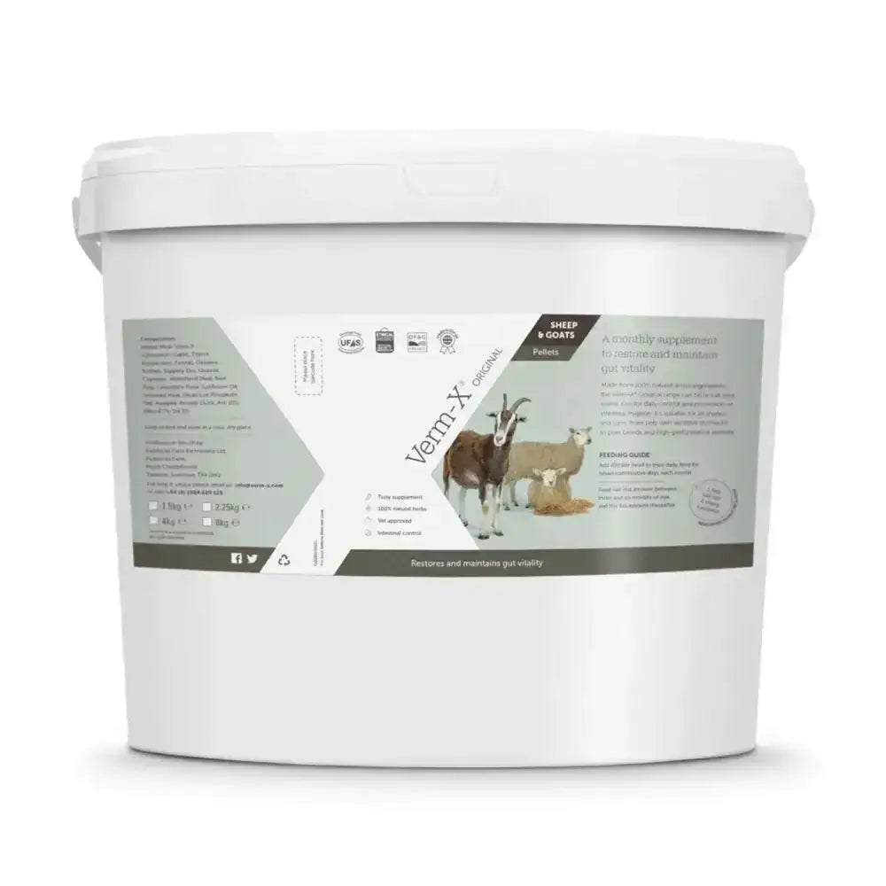White plastic bucket of verm-x original pellets with gray label showing sheep and goats controls intestinal hygiene