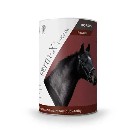 A cylindrical container of verm-x original powder for horses & ponies with a maroon label controls intestinal hygiene