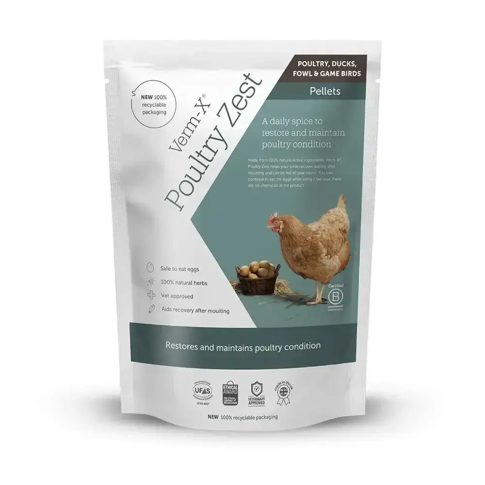White resealable pouch of verm-x poultry zest daily spice with natural herbs for poultry supplements and round condition