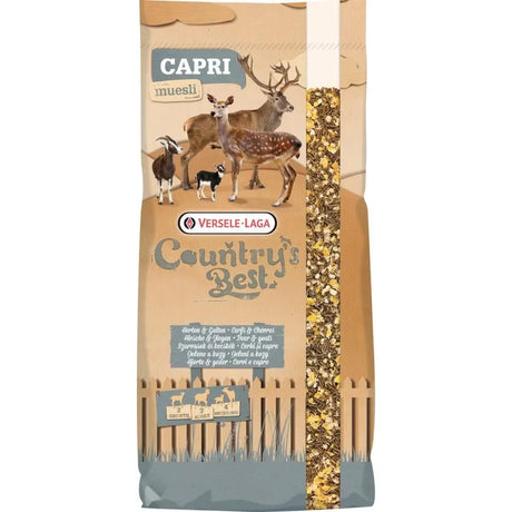 Brown paper bag of versele laga caprimash 3 & 4 muesli with deer and goats illustrations and barley flakes gluten feed visible