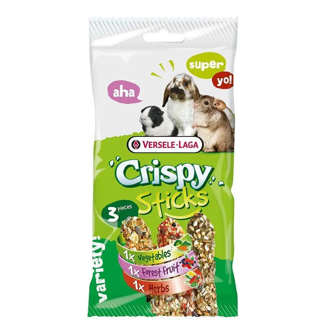 A green and white versele laga herbivores triple variety package of crispy sticks pet treats with forest fruit images