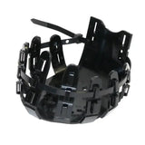 Black plastic cable management cage with interlocking clips and central bracket for vet-strider hoof protection boots