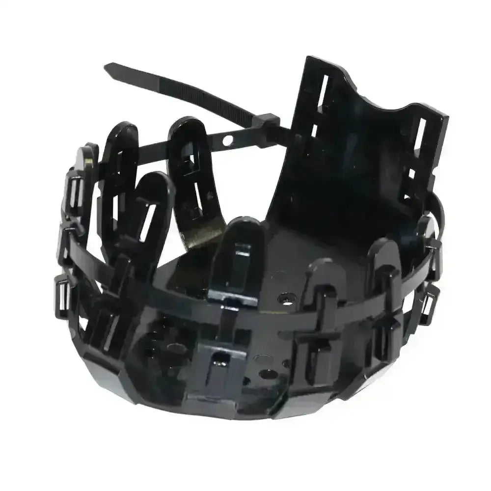 Black plastic cable management harness with interlocking clips and central mounting bracket for vet-strider hoof protection poltice boots robust hoof protection