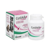 White plastic bottle with white flip-top cap labeled vetark cystark plus tablets for frequent urination and bloody urine