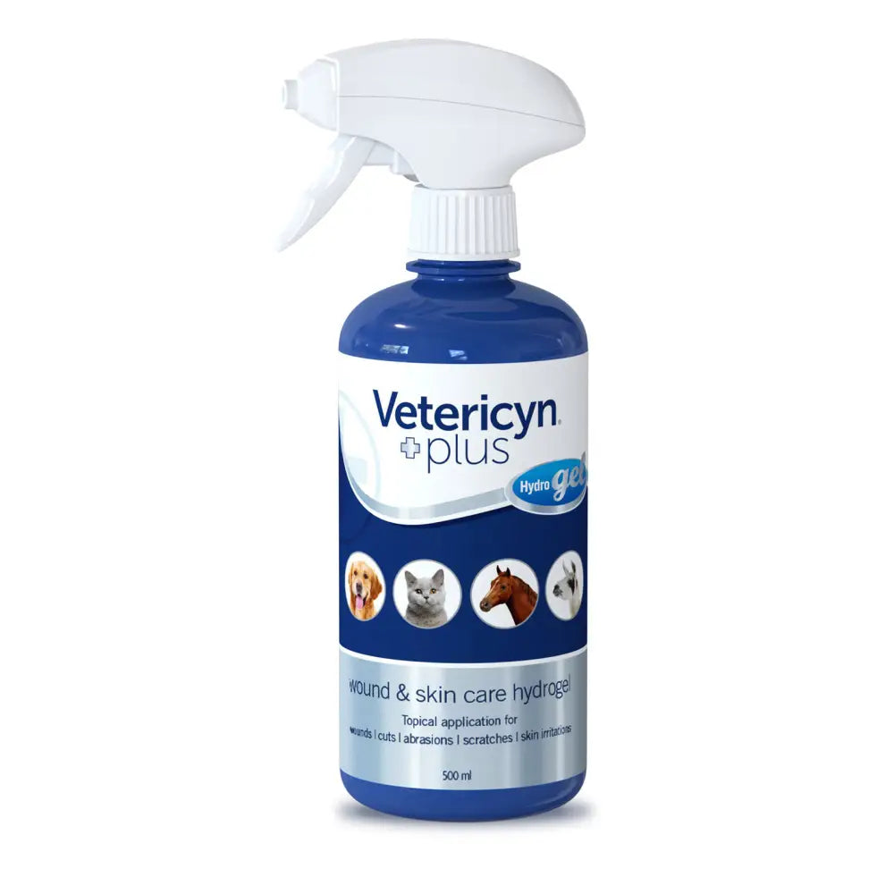 Blue plastic spray bottle of vetericyn plus hydro gel wound care 500 ml for pets skin and wound treatment
