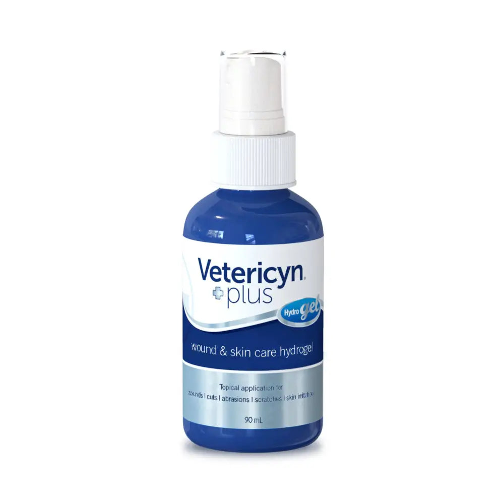 A blue plastic bottle with white spray nozzle labeled vetericyn plus hydro gel wound care for gel wound care use