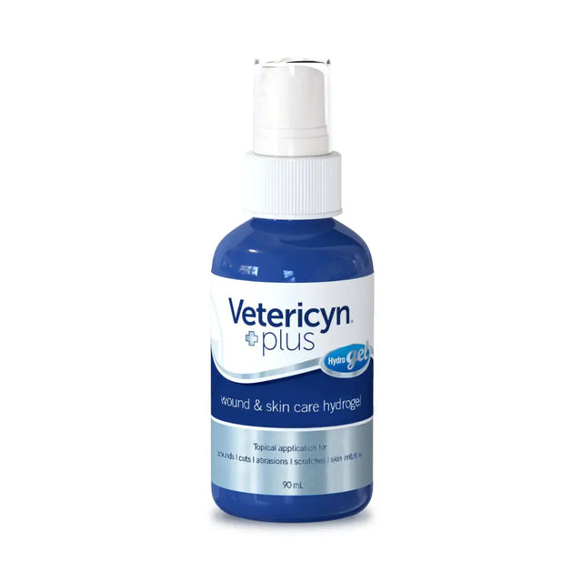 A blue plastic bottle with white spray nozzle labeled vetericyn plus hydro gel wound care for gel wound care use