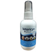 White plastic spray bottle with clear nozzle and blue vetericyn plus liquid label featuring pet images and white cap