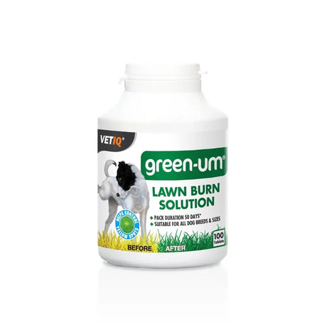 White plastic bottle of vetiq green-um lawn burn solution tablets with green and white label showing dog on grass