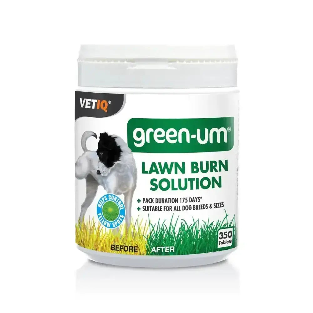White plastic container of vetiq green-um lawn burn solution tablets with green black label and dog on grass image