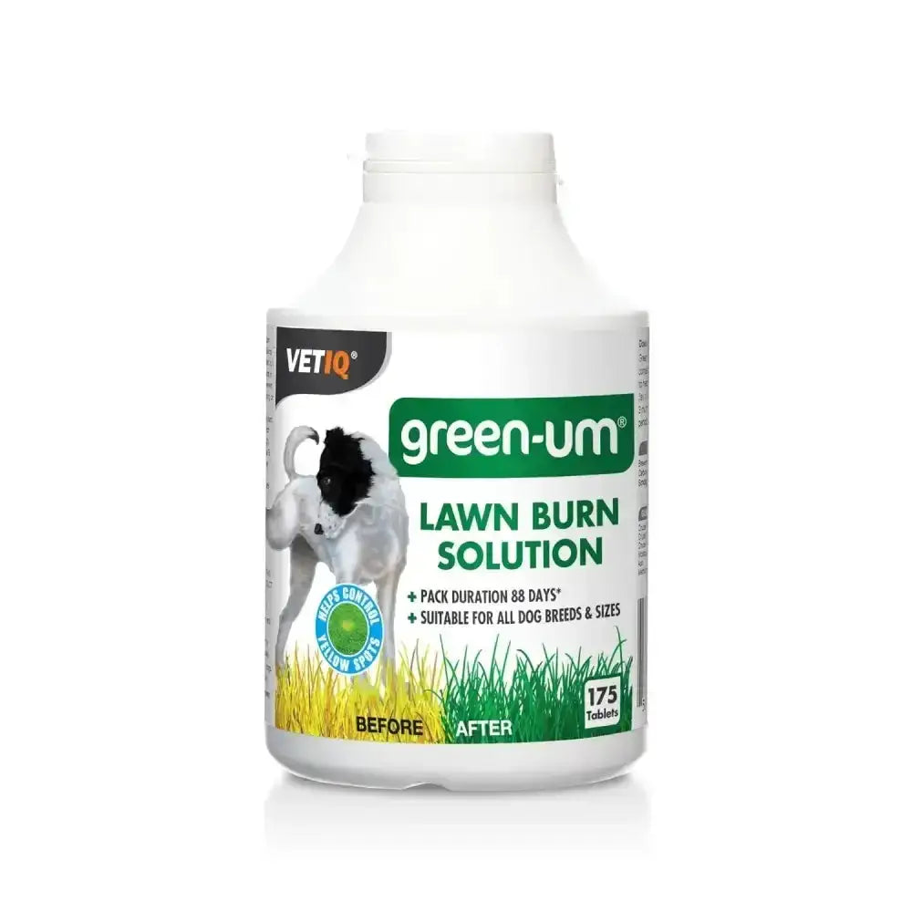 White plastic bottle of vetiq green-um lawn burn solution with green and black label showing a dog on grass