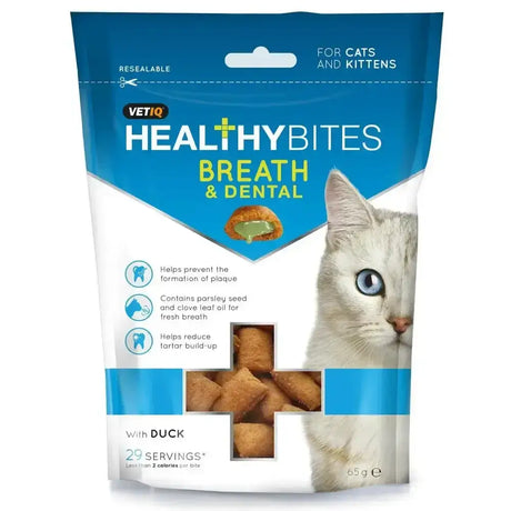 Blue and white resealable bag of vetiq healthy bites breath and dental cat treats with delicious dual action duck flavor