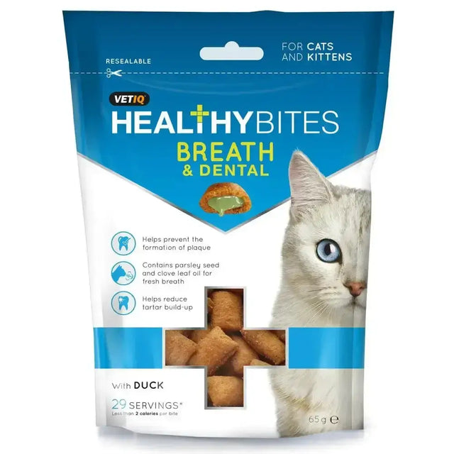 Blue and white resealable bag of vetiq healthy bites breath and dental cat treats with delicious dual action duck flavor