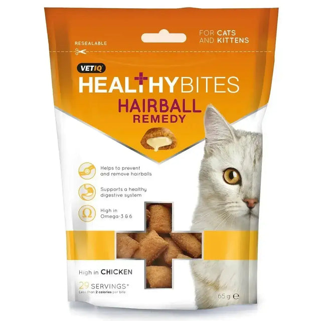 Orange and white resealable bag of vetiq healthy bites hairball remedy cat treats with chicken flavor and white cat image