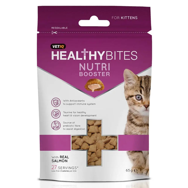 Purple and white resealable pouch of vetiq healthy bites nutri booster cat treats with salmon bites and tabby kitten image