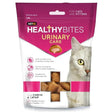A vibrant pink and white resealable bag of vetiq healthy bites urinary care cat treats with a white cat image