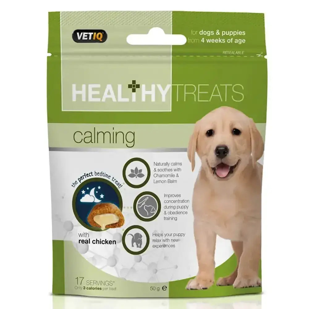 Green and white vetiq healthy treats package with a yellow puppy image for scrumptious treats calm and soothe puppies