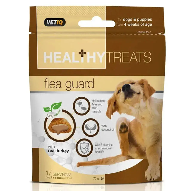 Vetiq healthy treats flea guard for dogs and puppies with real turkey coconut oil b vitamins in resealable brown beige pack