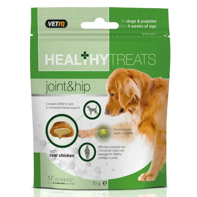 Green and white pouch of vetiq healthy treats joint featuring real chicken and a golden retriever on the front