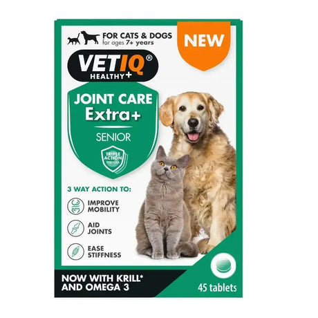 Green and white vetiq joint care extra+ senior pet supplement package for golden retriever and gray cat promoting pet’s joint health