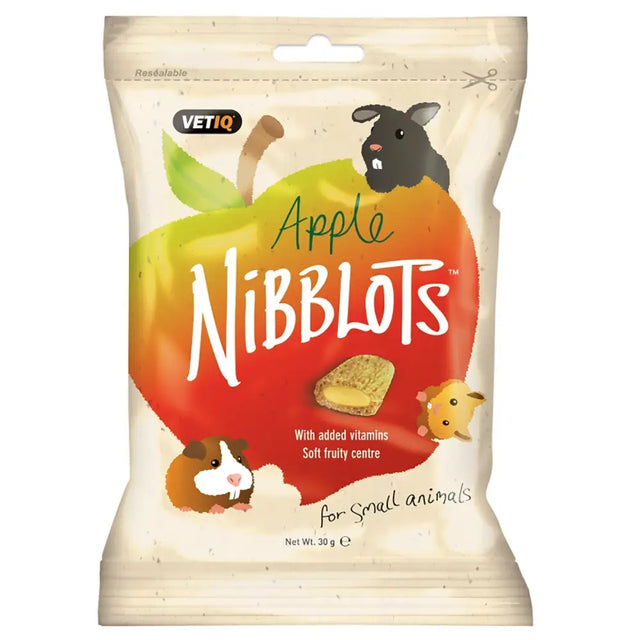 Vetiq nibblots tasty treats for small animals with a colorful apple design and crispy cereal shell in a vibrant bag