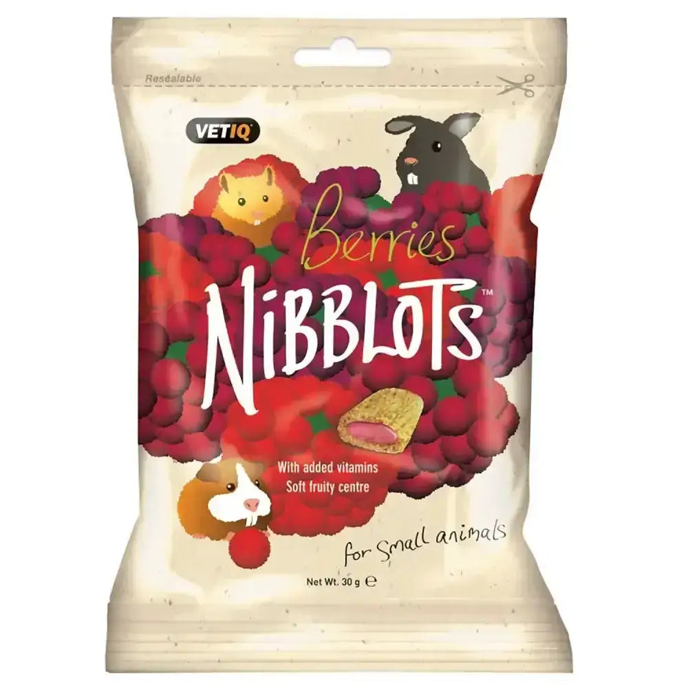 Vetiq nibblots 30g pack of red and purple crispy cereal shell tasty treats with soft fruity center for small animals