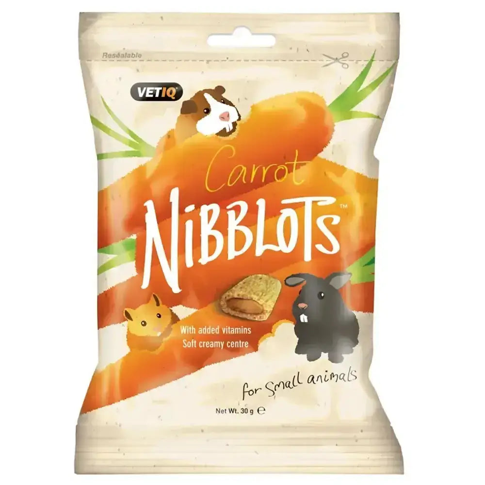 A colorful vetiq nibblots package with cartoon guinea pigs and hamsters featuring crispy cereal shell tasty treats for small animals