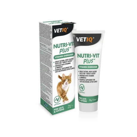 White tube of vetiq nutri-vit plus vitamin energiser paste with a green label and ginger cat for cats and kittens high calorie nutritional supplement