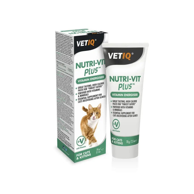 White tube of vetiq nutri-vit plus vitamin energiser paste with a green label and ginger cat for cats and kittens high calorie nutritional supplement