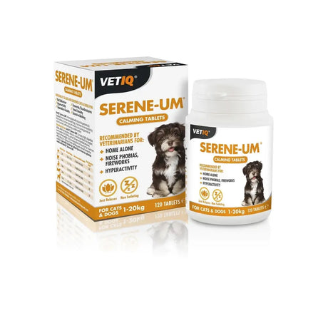 White plastic bottle of vetiq serene-um calming tablets natural dietary supplement for cats and dogs 120 tablets container